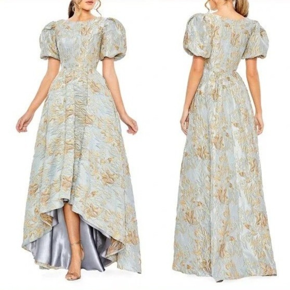 Mac Duggal Brocade Jacquard Puff‎ Sleeve Hi-Low Gown Blue Gold Size 18 NWOT
